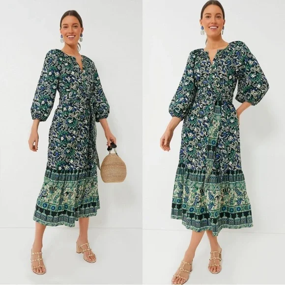 Tuckernuck NEW Batik Floral Lyles Green Blue Puff Sleeve Belted Midi Dress M - Picture 1 of 9